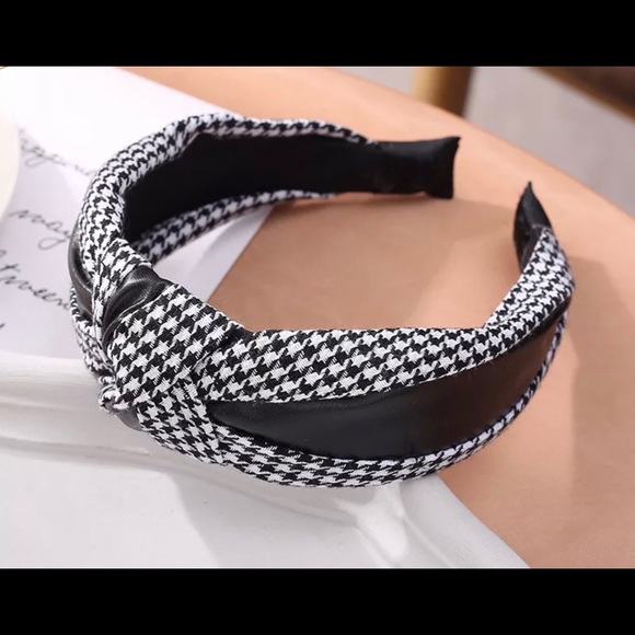 New black and white fabric print houndstooth top knot with leather headband - Picture 5 of 10